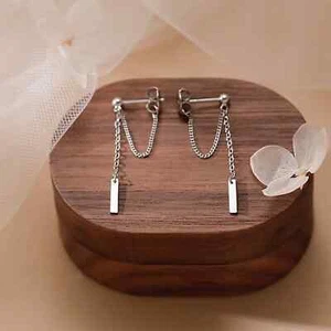 Korean Fashion Stainless Steel 1.5cm Rectangle Bar Earrings - Picture 1 of 4