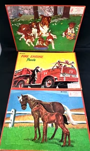 Lot of 3 Milton Bradley Aptitude Tested frame tray puzzle Horse Dogs Fire Engine - Picture 1 of 8