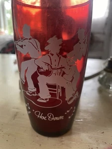 Seven vintage Red “Hoe Down” Water Glasses Mountain Music Fiddle Banjo - Picture 1 of 4