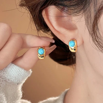 Pendientes curvos de metal turquesa de 2 piezas para mujer de piedra natural moderna joyería informal Foto 1 de 4