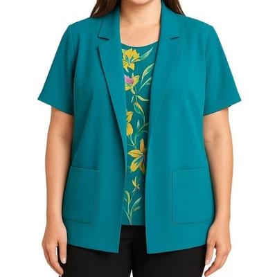 Alfred Dunner Women's Blazer Size 14 Teal Short Sleeve Open Front Jacket USA Lq - Image 1 of 4