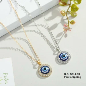 Women's Jewelry Crystal Evil Eye Round Gold Silver Plated Chain Pendant Necklace - Picture 1 of 9