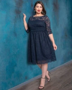 Kiyonna Dress Navy Blue Luna Lace Style Size 10 12 Fit + Flare Party 3/4 Sleeves - Picture 1 of 7