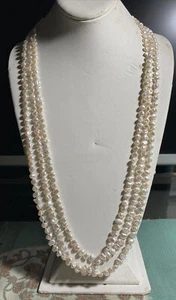 Three Strand Freshwater Culture Pearl Diamond 14K White Gold Necklace 31 Inches - Picture 1 of 12