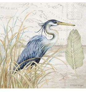 Two Single Cocktail Napkins for Decoupage Summer Beach Heron on Grass Coastal - Picture 1 of 2