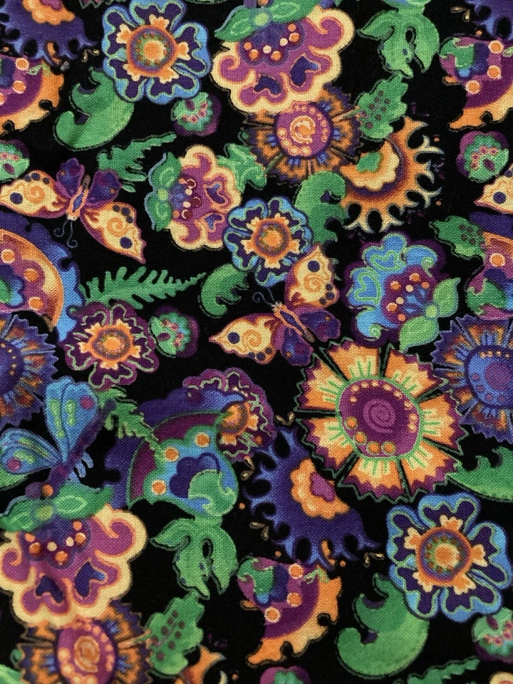 Color Brillante Flores Geométricas Mariposas Negro Tela AvLyn Posibilidades 4Y Foto 1 de 4