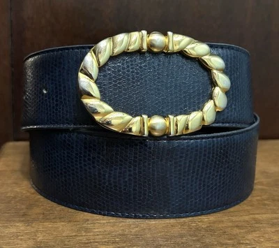 VTG Talbots Snakeskin Embossed Blue Leather Sz L/30 - Image 1 of 4