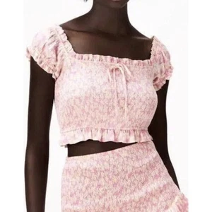 New Zara Women's Pink Yellow Floral Smocked Ruffle Cropped Off Shoulder Top XL - Picture 1 of 9