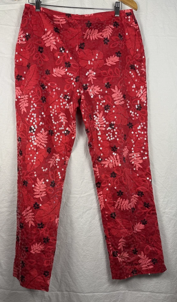 Pantalones de lentejuelas rojos D Studio para mujer 12 hojas florales celebrar fiesta forrados cremallera lateral Foto 1 de 4