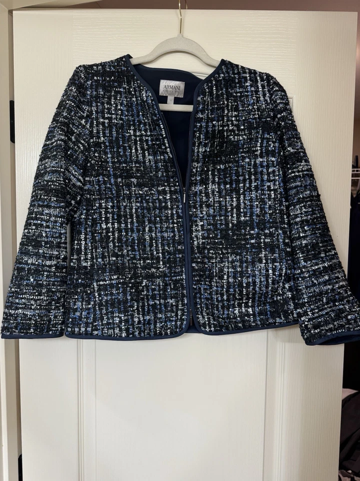 Chaqueta de tweed para mujer Armani Collezioni, talla 10, azul y negro Foto 1 de 3