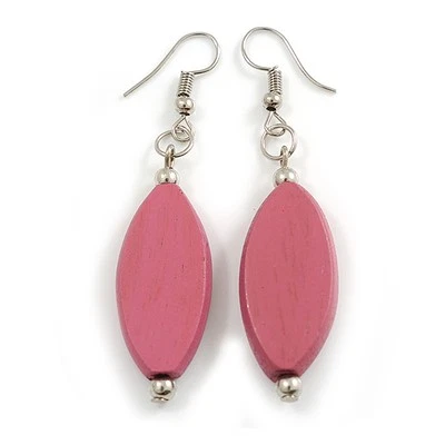 Pink Leaf Shape Wood Drop Earrings - 60mm L - Image 1 of 4