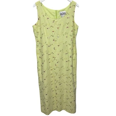Vestido midi vintage Sheri Martin sin mangas talla 14 verde lima floral lino  Foto 1 de 4