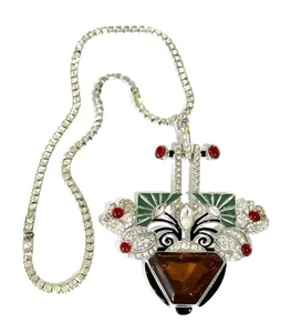 Art Deco 89 große Blumenvase Anhänger Halskette mit Strass signiert - Bild 1 von 5