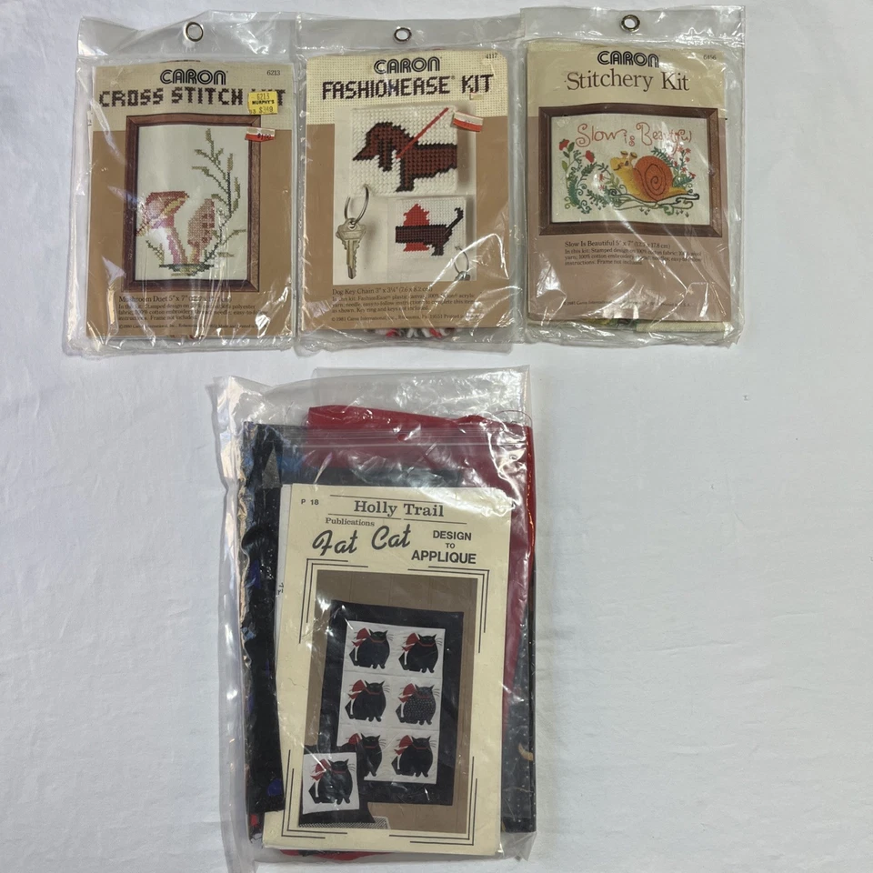 De colección Años 70 80 Caron Sello Crewel Punto de Cruz Kits Lote de 4 Setas Perros Gatos Foto 1 de 4