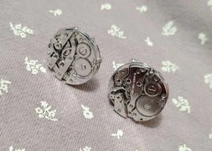 Vintage Swiss Watch Cufflinks Silvertone Jeweled Steampunk Gear Wedding Gift - Picture 1 of 5