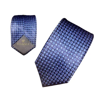 Canali ~ Men’s Luxury 100% Silk Made in Italy Blue Geometric Necktie ~ 61x3.5” - Picture 1 of 5