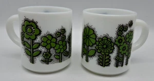 2 Vintage Glasbake Mugs Milk Glass Green Daisy Dot Flowers Retro 60's C Handles - Picture 1 of 9