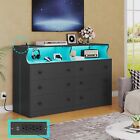 6 Drawer Dresser with LED Lights and Charging Station, Wide Chest of 6 Drawers