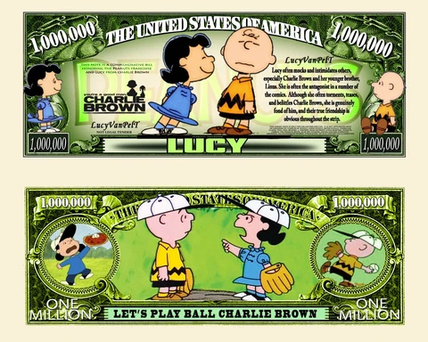 Lucy & Charlie Brown Million Dollar Bill Funny Money Novelty Note + FREE SLEEVE Cover