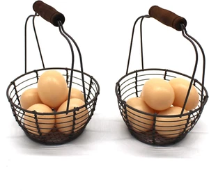 Metal Wire Mini Egg Baskets Rust Gathering Baskets with Wooden Handle Country Vi - Picture 1 of 4