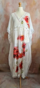 The Only One Poppies Up to Size 24-26 White/Red Hand Painted Signed Kaftan Tunic - Picture 1 of 12