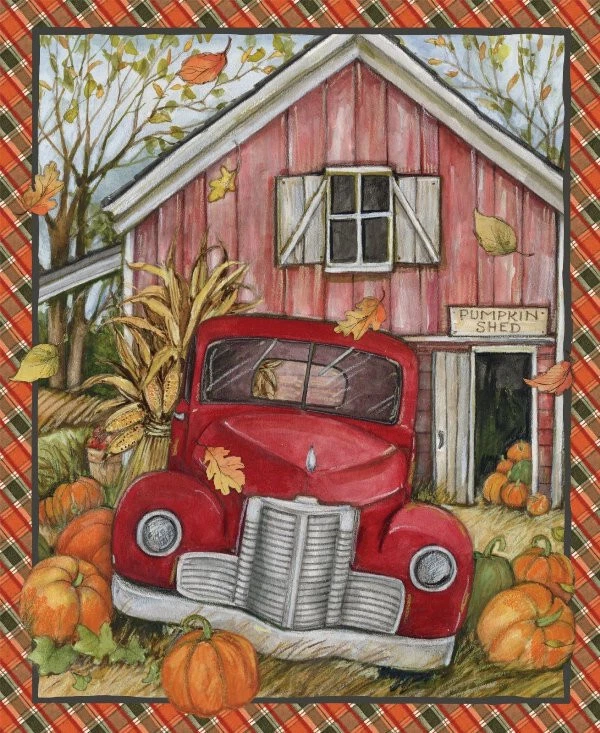 Panel de tela de algodón Red Truck Pumpkin Shed Susan Winget otoño 36x44" Foto 1 de 1