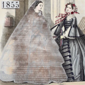 Victorian Era MURNING VEIL 1855 Paris Fashion Plate Hand-Colored Print Church - Bild 1 von 2