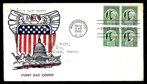 908 3c Stamps (BLOCK) (1943) THE FOUR FREEDOMS FDC FROM PATRIOTIC !!! - Picture 1 of 1