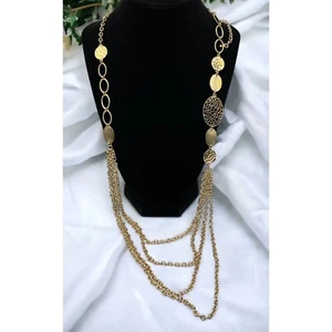 Vintage Gold Tone Chain Necklace Multi Strand Hammered Filagree Segments 32" - Picture 1 of 6