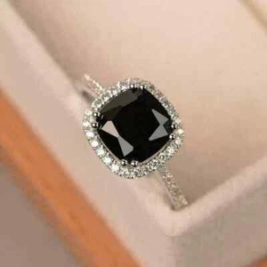 Engagement Ring 2Ct Cushion Cut Lab Created Black Diamond 14K White Gold Plated - Picture 1 of 6
