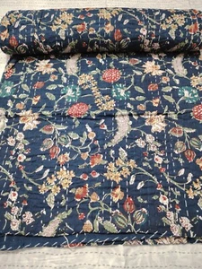 Indian Hand Block Blue Floral Print Cotton Kantha Quilt Throw Blanket Bedspread - Picture 1 of 9
