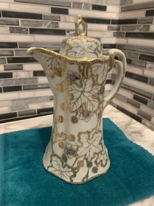 VINTAGE Nippon Porcelain Chocolate Pot—Hand Painted Gold Trim W/Leaves & Flowers - Picture 1 of 10