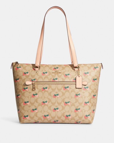 Borsa Coach Gallery nuova con etichette in tela firmata con stampa fragola cachi leggero