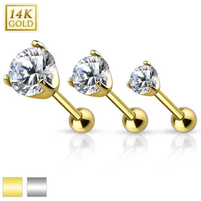 Conjunto de pinos de ouro maciço 14K cartilagem Tragus Helix Daith Barbell CZ Stud 16G 6MM - Imagem 1 de 3