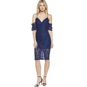 Bardot Women's Taegen Midi Dress Navy Blue Black Size 8 Lace Off Shoulder - Picture 1 of 9