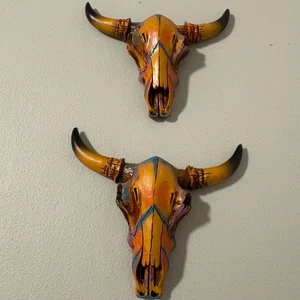 Set of 2 Rustic Western Style Bull Skull Wall Decor Accents Colorful Cowboy 5 in - Picture 1 of 7