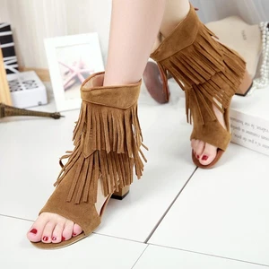 Womens Summer Open Toe Ankle Boots Black Heel Tassels Sandals Roman Shoes - Picture 1 of 17