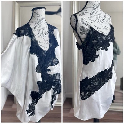 Victoria's Secret Gold Label White Satin Black Lace Slip and Robe Set 2 Piece OS - Image 1 of 4