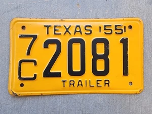 Original 1955 Texas Trailer Yellow Black Metal License Tag 7C 2081 Single TX 55 - Picture 1 of 20