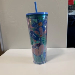 Vaso de plástico floral Starbucks 24 oz con pajita azul rosa - Imagen 1 de 5