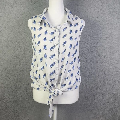 Blusa Fifteen Twenty Top Mujer Grande Blanco Azul Estampado Escarabajo Frontal Corbata Botón Foto 1 de 4