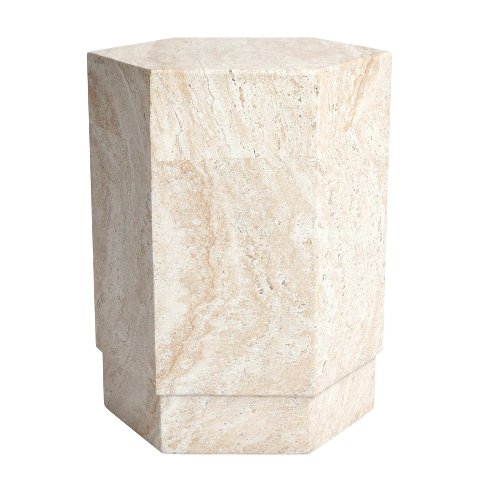 Hexagonal Travertine Stone Finish Italian Design MgO Side Accent Table, Livin... - Image 1 of 4