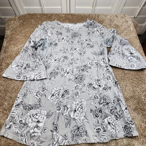 J Jill Floral Print Bell Flare Sleeve Knit Tunic Dress Gray White Size M - Picture 1 of 6