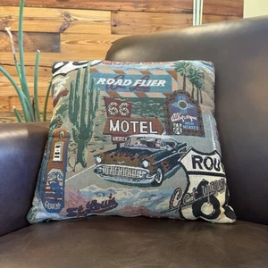 Vintage Route 66 Tapestry Pillow Hollywood Motel Throw Metal Zipper - Picture 1 of 8