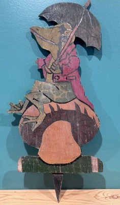 Vtg Frog On Mushroom Folk Art Signed Painted Wood Garden Stake Sign - Surface!! - Image 1 of 4