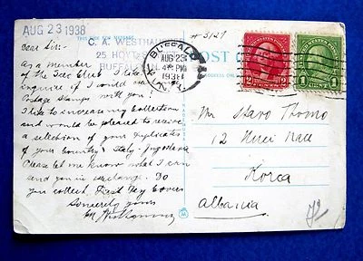 1938 USA Postcard & Stamp – Circulated in Korçë, Albania - Image 1 of 2