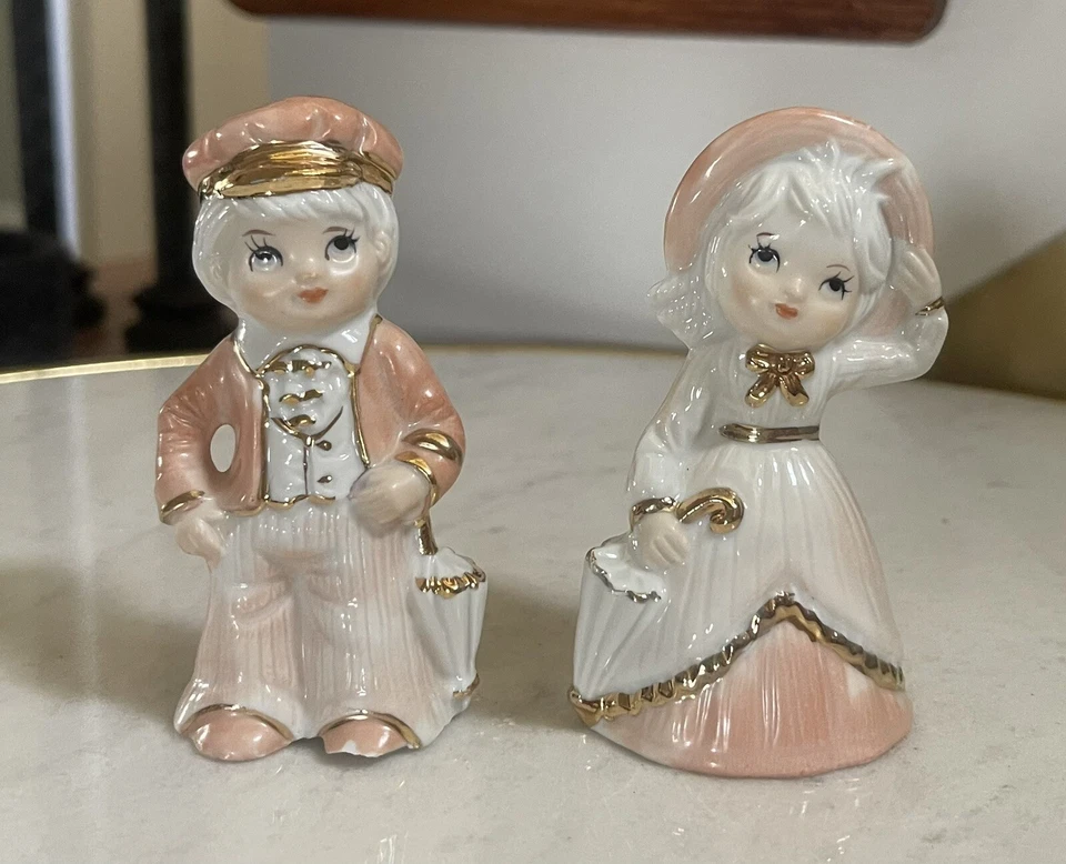 Estatuillas de porcelana vintage de melocotón elegancia artesanía regalo niña y niño acento dorado Foto 1 de 4
