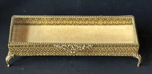 RARE! Vintage Gold LONG Jewelry Box Casket Antique HOLLYWOOD REGENCY Bevel Glass - Picture 1 of 11