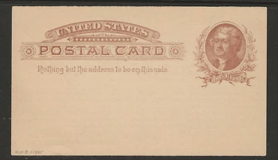 US Scott #UX8 unused 1885 1c brown Jefferson Postcard, unwmk, sound good corners - Image 1 of 2