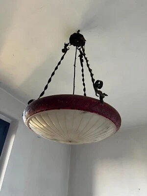 LAMPADARIO IN VETRO CON STRUTTURA IN FERRO LAVORATO ANNI 30 DEC0' - Immagine 1 di 4